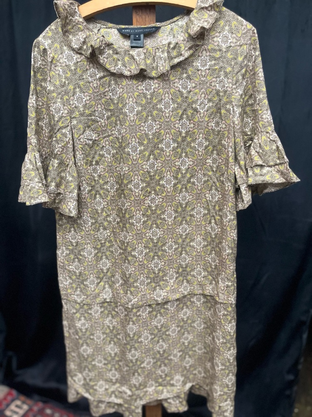 Marc by Marc Jacobs Julia Paisley Silk Ruffle Dress Chartreuse Size